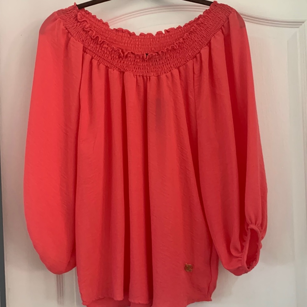 NWT Small beautiful silky coral colored off the shoulder blouse!
